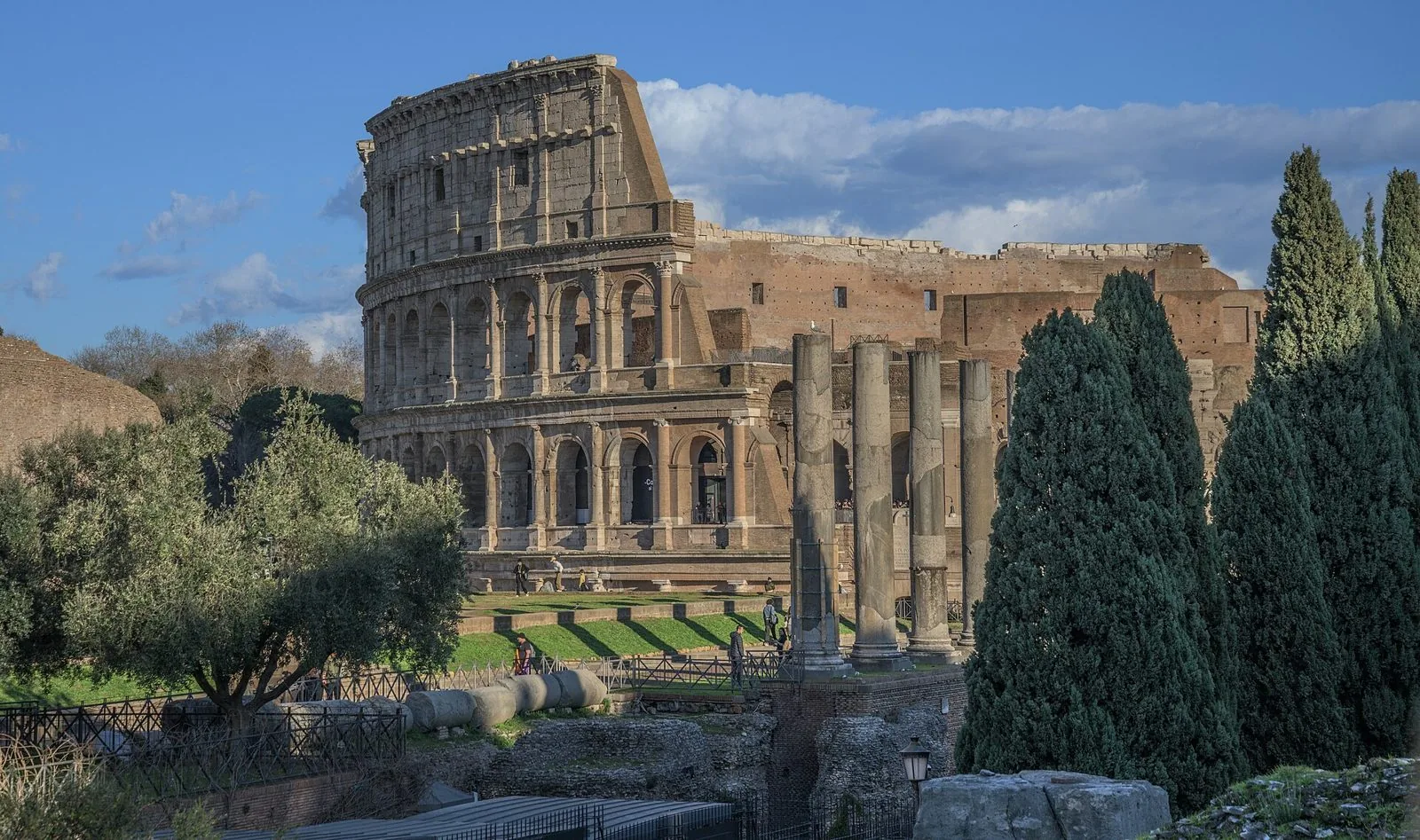 Il Colosseo illuminato dal sole con in primo piano le colonne del Foro Romano, cipressi, un ulivo e cielo azzurro con nuvole
