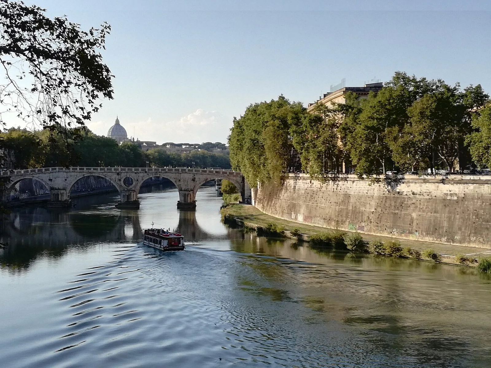 Il Tevere con Ponte Sisto ad arcate, un battello turistico sull'acqua, platani verdi lungo i muraglioni e la cupola di San Pietro sullo sfondo